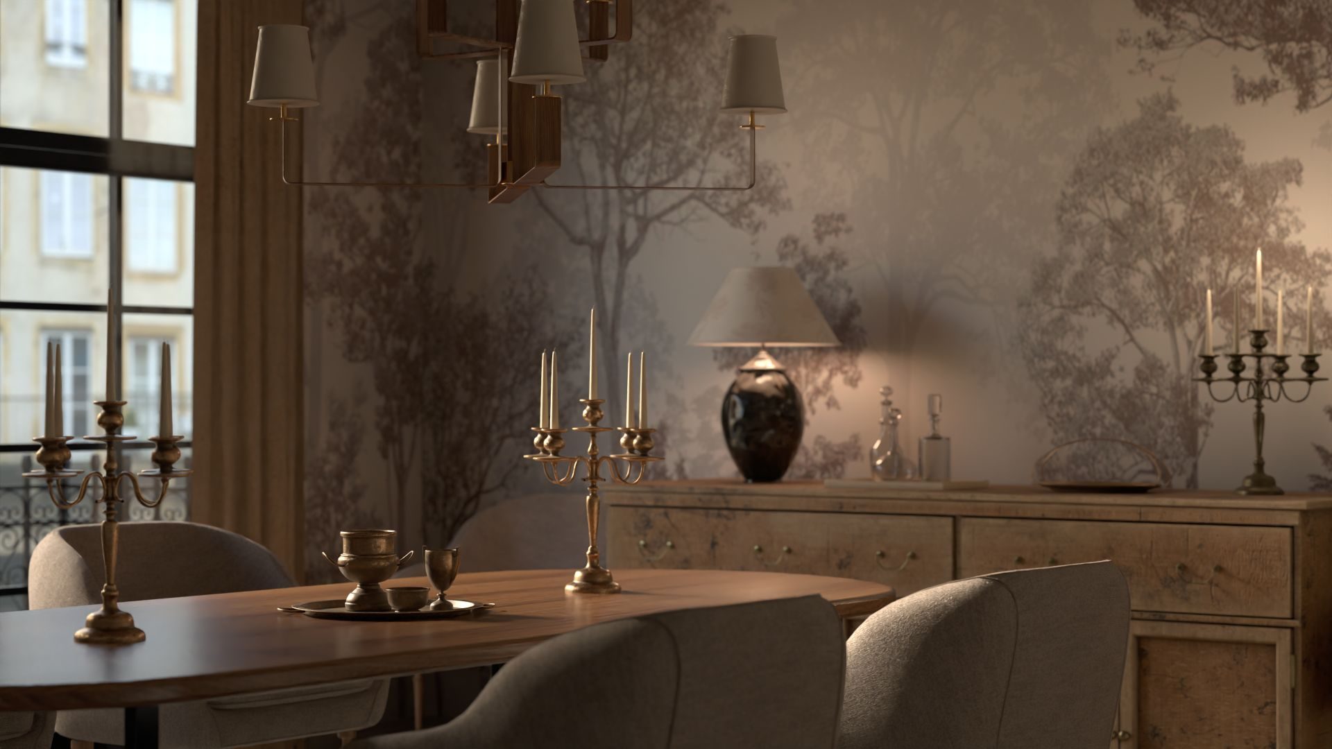 Elegant dining room finished with a hand-painted grisaille mural wallcovering, brass candlesticks on a dark table