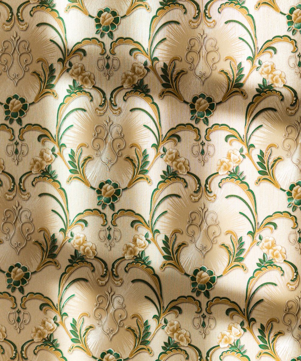Close-up of a botanical floral wallcovering pattern in warm tones